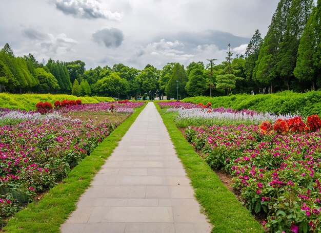 Piękny zielony park i kwiaty między drogą przemian