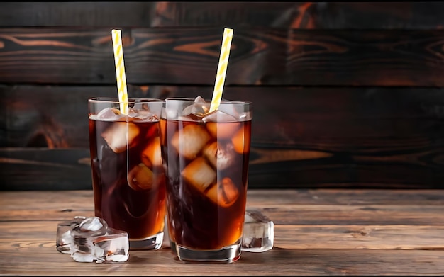 Piękny zimny napój cola z kostkami lodu z kotłem słomki w kieliszkach na drewnianym tle z wolną przestrzenią