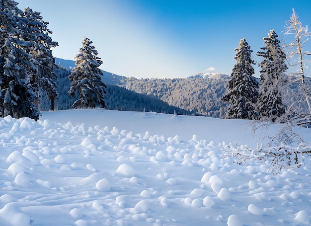 Piękny zimny poranek, śnieżny tło z drzewami, lasem i górą w tle