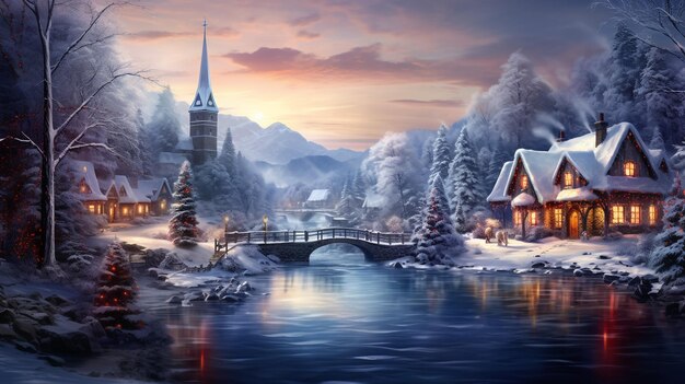 Zdjęcie piękny zimowy dom i choinka na górze