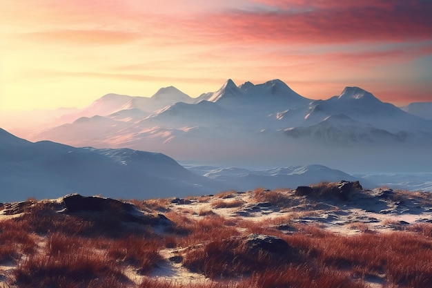Piękny zimowy krajobraz Wschód słońca nad górami