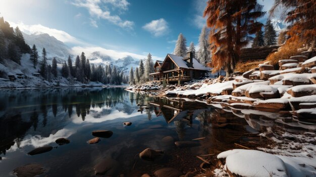 Piękny zimowy krajobraz z alpejskim jeziorem i drewnianym domem w Dolomitach we Włoszech