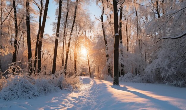 Piękny zimowy krajobraz z pokrytymi śniegiem drzewami w lesie o wschodzie słońca