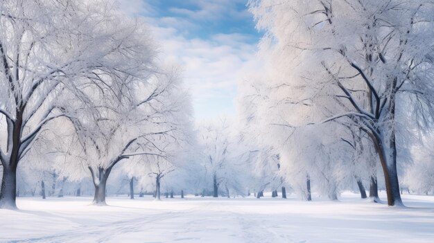 Piękny zimowy krajobraz z śnieżnymi drzewami w parku