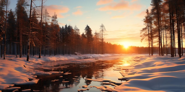 Piękny zimowy krajobraz z zamarzniętą rzeką i lasem sosnowym o wschodzie słońca
