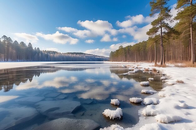 Piękny zimowy krajobraz z zamarzniętym jeziorem i lasem sosnowym w słoneczny dzień