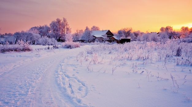 Piękny zimowy krajobraz ze śniegiem o zachodzie słońca
