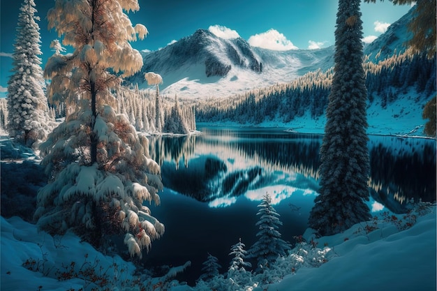 Piękny zimowy obraz krajobrazu z zamarzniętym jeziorem i lasem Generative Ai