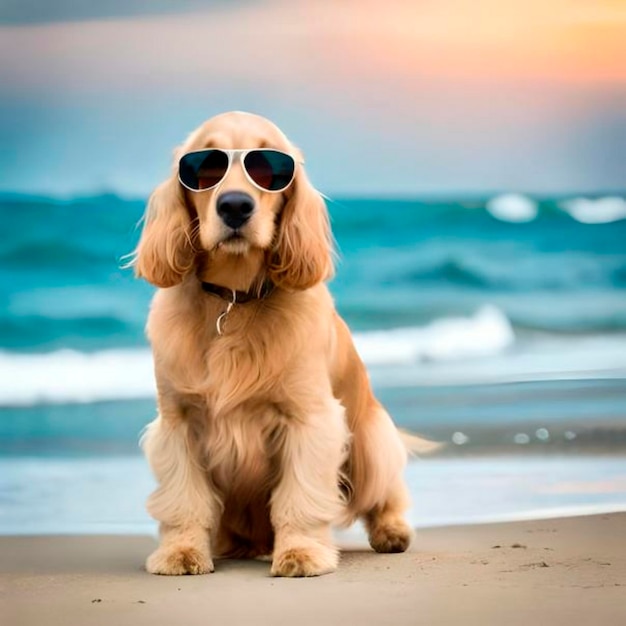 Piękny złoty cocker spaniel z okularami przeciwsłonecznymi Rayban idący po plaży