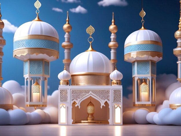 Piękny Złoty Islamski Ramadan Kareem Tło z meczetami i ozdobami