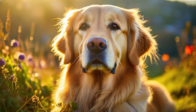 Piękny złoty retriever siedzący na jasnej łące kwiatów