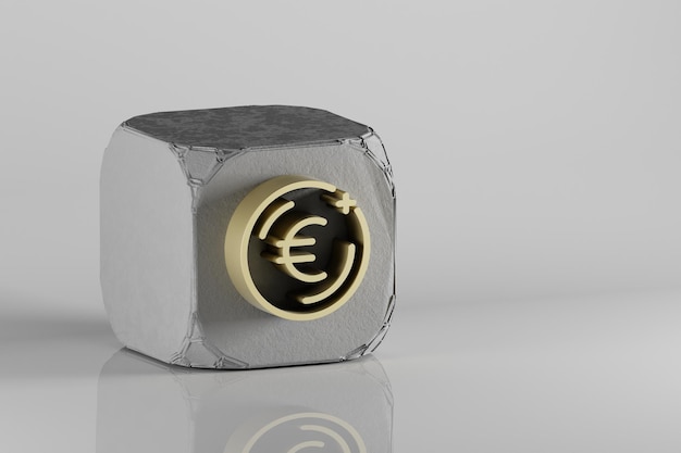 Piękny złoty symbol monety euro na betonowej kostce i białym tle ceramicznym 3d rendering illust