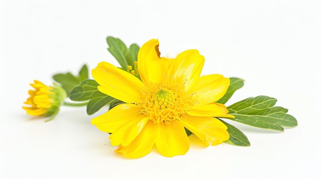 Piękny żółty kwiat z zielonymi liśćmi odizolowanymi na białym tle Kwiat ma jasnonięty żółty kolor i zielony środek