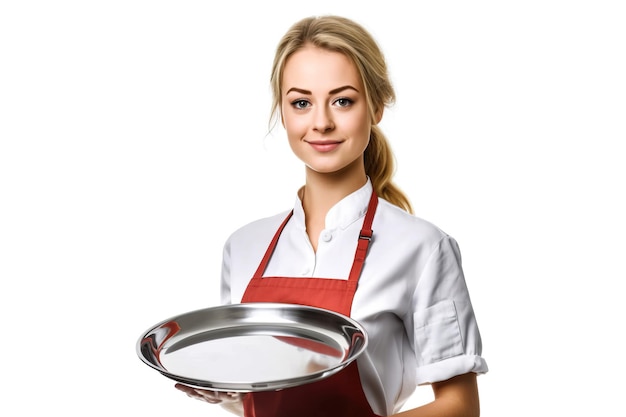 Pięknych uśmiechów kelnerka trzyma pustego niecki biały tło