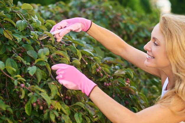 Pielęgnacja ogrodu. Uśmiechnięta inspirowana kobieta w średnim wieku w rękawiczkach ochronnych przycinająca gałęzie drzew w letni dzień