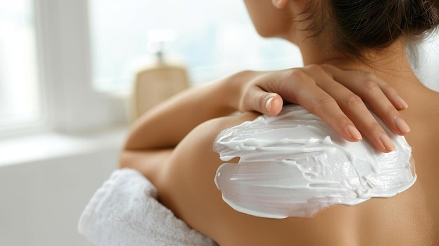 Zdjęcie pielęgnacja skóry w domu kobieta nakładająca krem nawilżający lub krem na ramiona, stojąc w łazience pielęgnowanie skóry i rozpieszczanie rutyna piękności koncepcja przycięte selektywne ujęcie ostrości