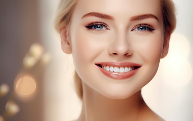 Pielęgnacja zębów piękny szeroki uśmiech zdrowej kobiety białe zęby kolosoup dentysta wybielanie zębów