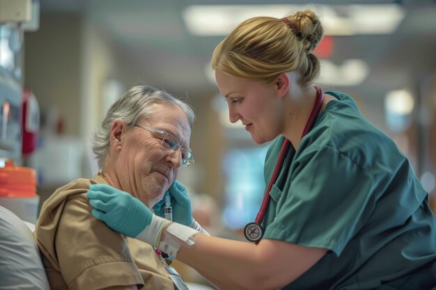 Zdjęcie pielęgniarka pomagająca pacjentowi w szpitalu