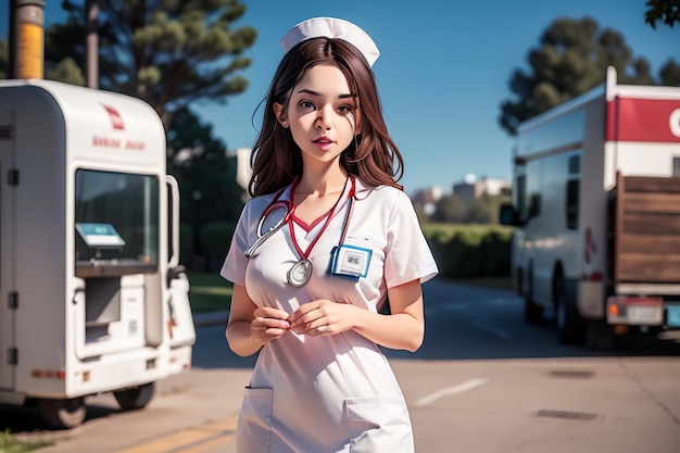 Pielęgniarka w białym mundurze idzie ulicą przed białą furgonetką z napisem „jestem pielęgniarką”