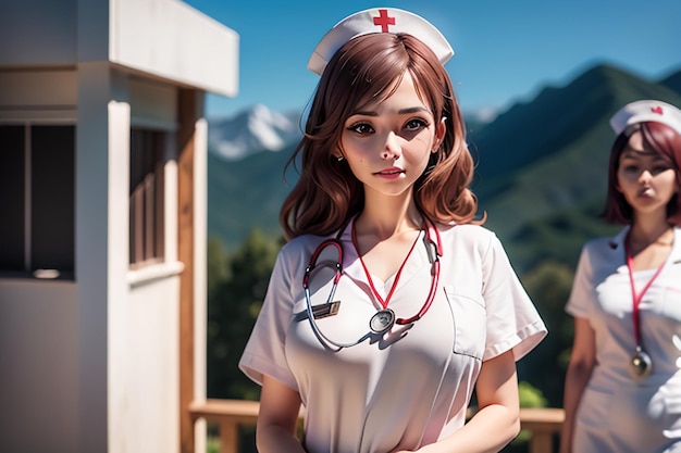 Zdjęcie pielęgniarka w białym mundurze stoi przed górą.