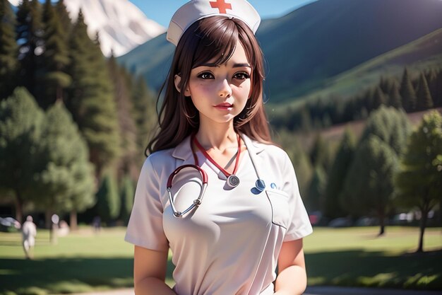 Pielęgniarka w białym mundurze stoi przed górą.