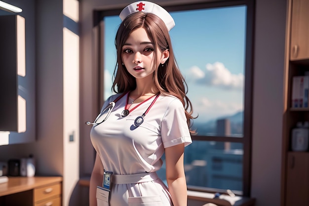 Pielęgniarka w białym mundurze stoi przed oknem.