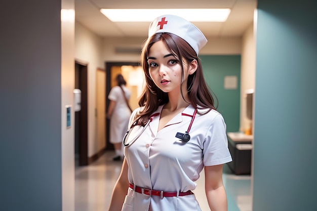 Pielęgniarka w białym mundurze z czerwonym krzyżem na klatce piersiowej