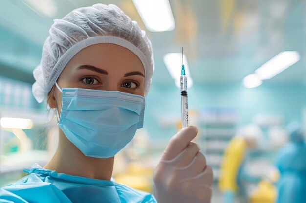 Pielęgniarka w czapce i masce trzymająca strzykawkę w ręku na tle szpitalnego pokoju