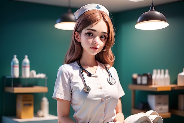 Pielęgniarka w mundurze ze stetoskopem na szyi stoi w sali szpitalnej.