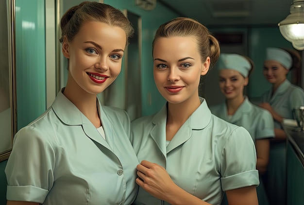 pielęgniarki stojące przed łazienką i uśmiechnięte w stylu jasnego turkusu i szmaragdu