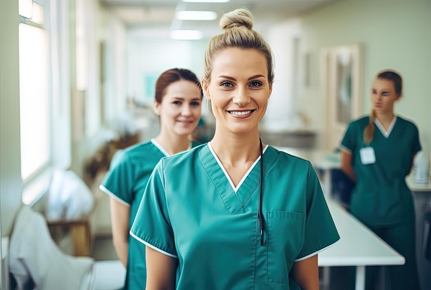 pielęgniarki stojące przed łazienką i uśmiechnięte w stylu jasnego turkusu i szmaragdu