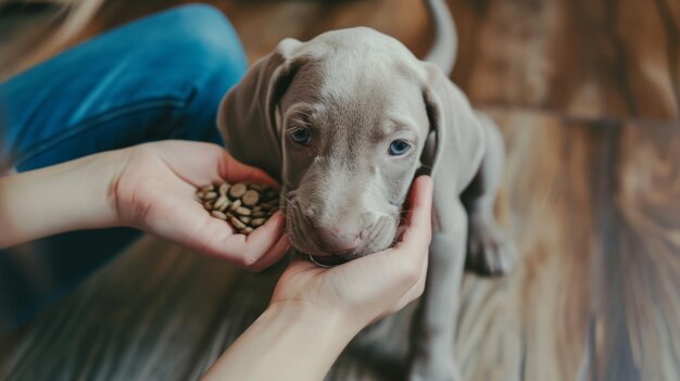 Zdjęcie pielęgnowanie więzi miłosny gest dziewczyny karmiąc jej szczeniaka weimaranera zdrową karmą dla psów