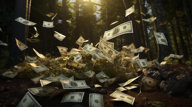Pieniądze latające w powietrzu po środku lasu