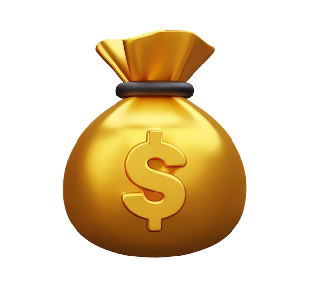 Pieniądze torebka gotówka dolar zarobki inwestycje oszczędności biznes moneta złoto plastikowa ikona 3D