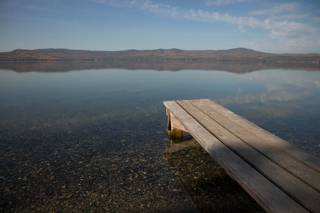 Pier nad jeziorem na tle nieba