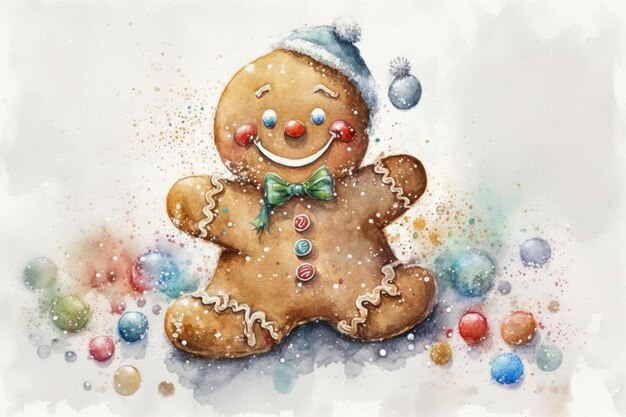 Zdjęcie piernikowy ludzik z cukierkowym uśmiechem akwarela malarstwo na białym tle czas świąt bożego narodzenia