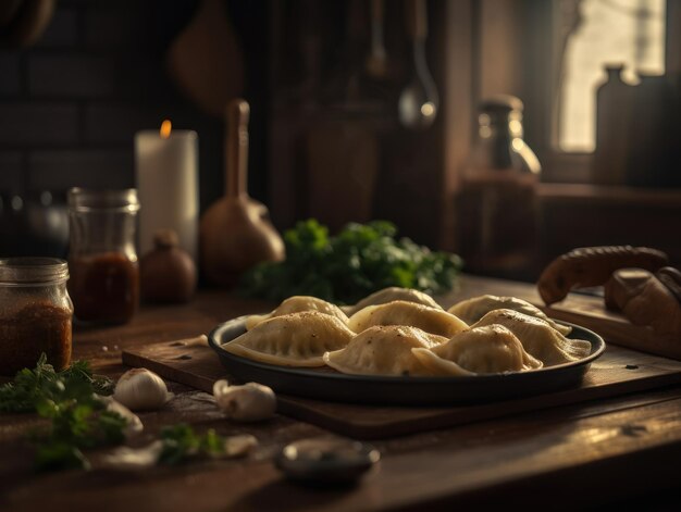 Zdjęcie pierogi w wiejskiej kuchni fotografia żywności