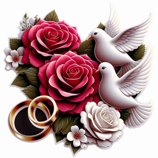 Pierścienie różowe gołębie i elementy ślubne serca dla wzoru postów w mediach społecznościowych