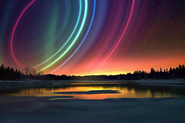 Pierścienie Saturna oświetlone kolorowymi zorzami stworzonymi za pomocą generatywnej AI
