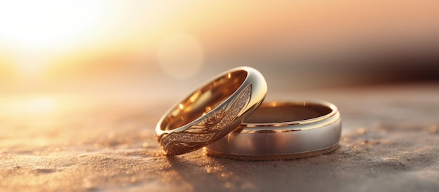Zdjęcie pierścienie ślubne na piaszczystej plaży o zachodzie słońca
