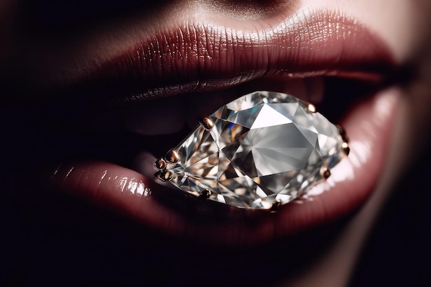 Pierścionek z diamentem z kamienia szlachetnego w ustach kobiety zbliżenie Generative AI