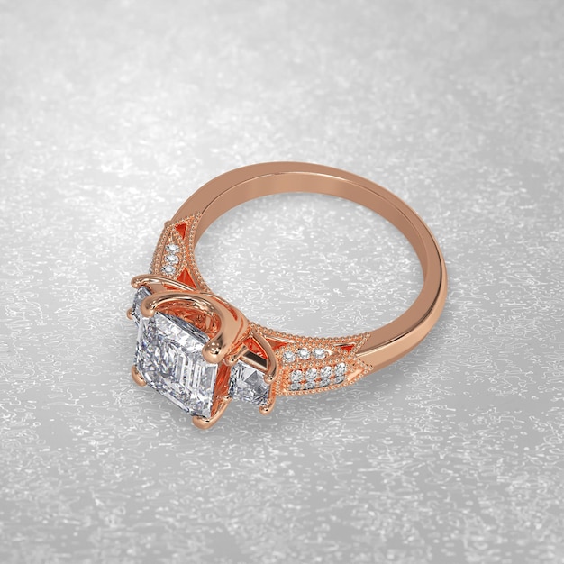 Pierścionek zaręczynowy z 3 kamieniami w kolorze różowego złota 3D render