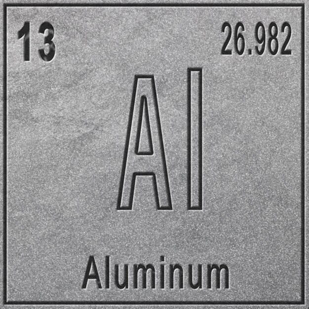 Pierwiastek chemiczny aluminium, znak z liczbą atomową i masą atomową, pierwiastek okresowy, srebrne tło