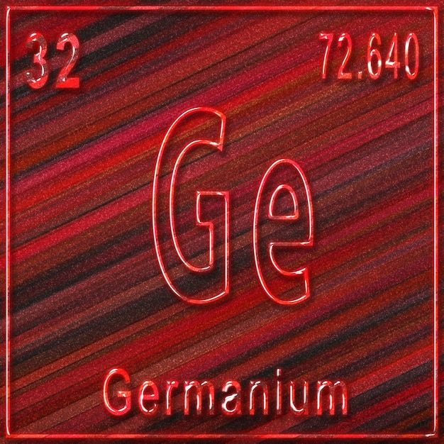 Pierwiastek chemiczny germanu, znak z liczbą atomową i masą atomową, pierwiastek układu okresowego pierwiastków