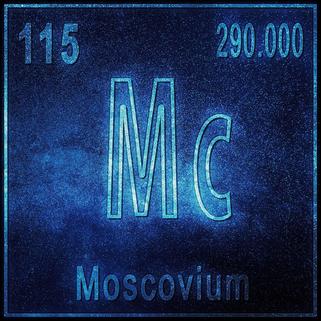 Zdjęcie pierwiastek chemiczny moscovium, znak z liczbą atomową i masą atomową, pierwiastek układu okresowego pierwiastka
