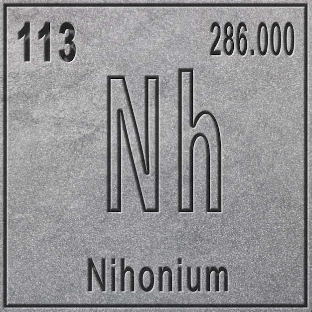 Pierwiastek chemiczny Nihonium, znak z liczbą atomową i masą atomową, pierwiastek okresowy, srebrne tło