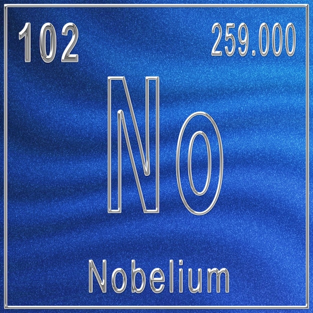 pierwiastek chemiczny Nobel, znak z liczbą atomową i masą atomową, pierwiastek układu okresowego pierwiastków