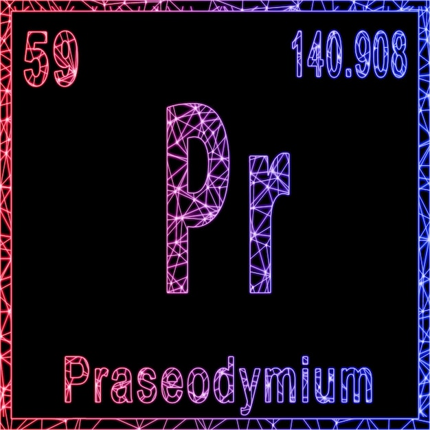 Pierwiastek chemiczny prazeodymu Znak z liczbą atomową i masą atomową