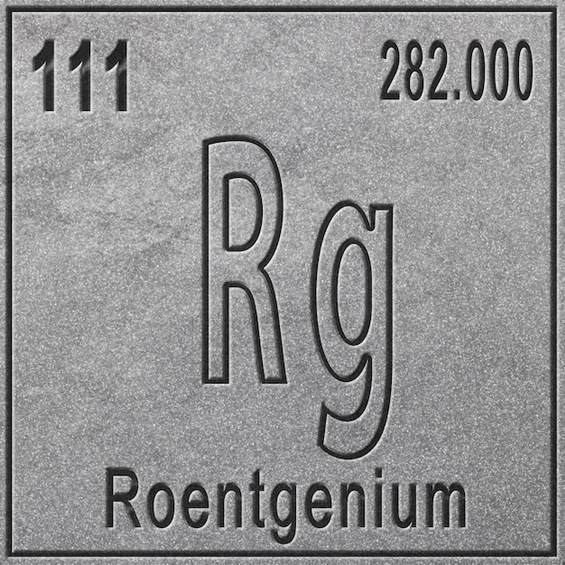 Pierwiastek chemiczny Roentgen, znak z liczbą atomową i masą atomową, pierwiastek okresowy, srebrne tło