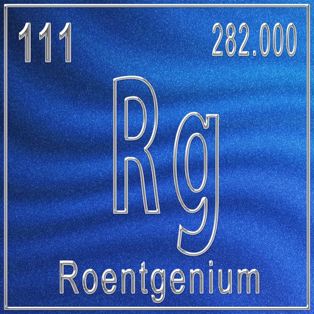 pierwiastek chemiczny roentgen, znak z liczbą atomową i masą atomową, pierwiastek układu okresowego pierwiastka